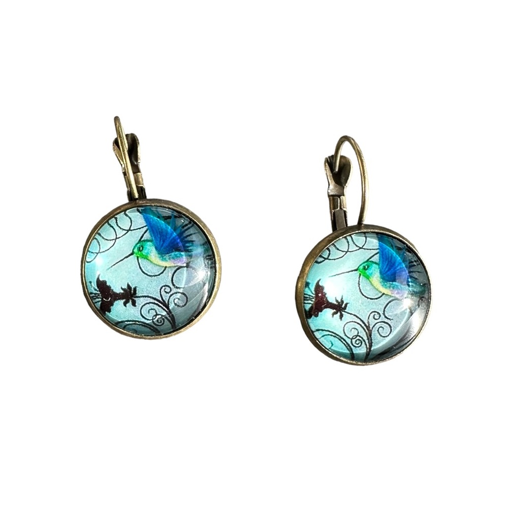 Antique Gold Bubble Earrings with Blue Hummingbird Design